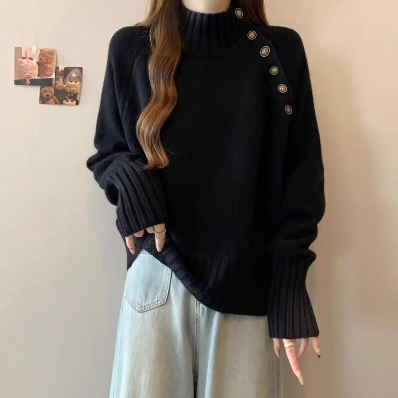 Semi-High Neck Sweater Women Spring Autumn Loose Plus Size Lazy Style Knit Top Underwear Shirt
