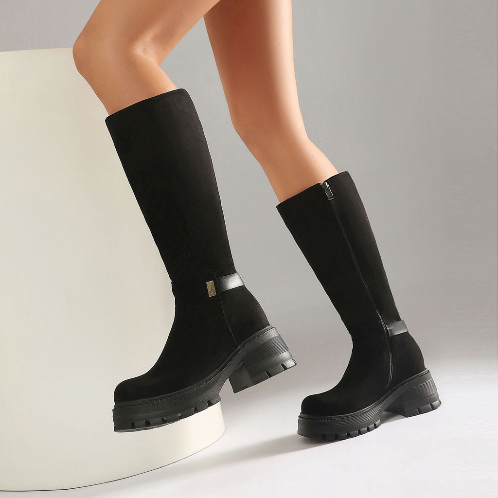 Black Knee-High Chunky Heel Boots