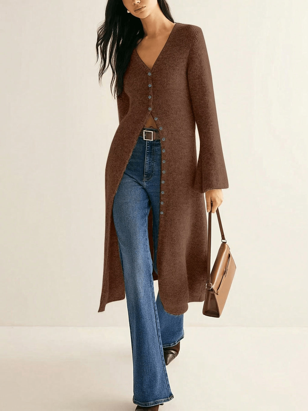 Vintage Elegant Long Sleeve Cardigan Knit Sweater Mid-Length Coat