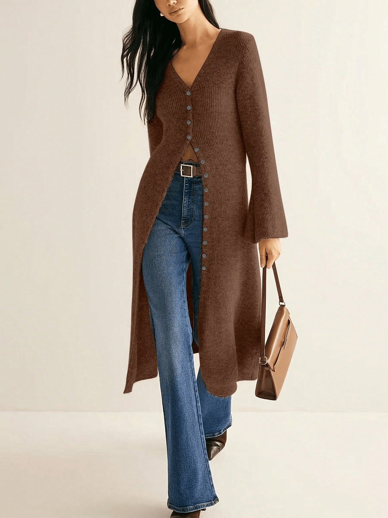 Vintage Elegant Long Sleeve Cardigan Knit Sweater Mid-Length Coat