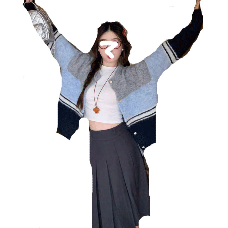 Striped Color-Blocked Mohair Knit Cardigan for Women, Sweet Soft Versatile Youthful Outerwear Top