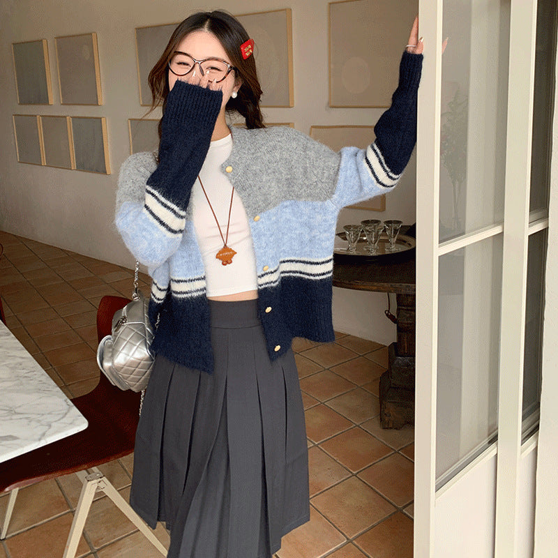 Striped Color-Blocked Mohair Knit Cardigan for Women, Sweet Soft Versatile Youthful Outerwear Top