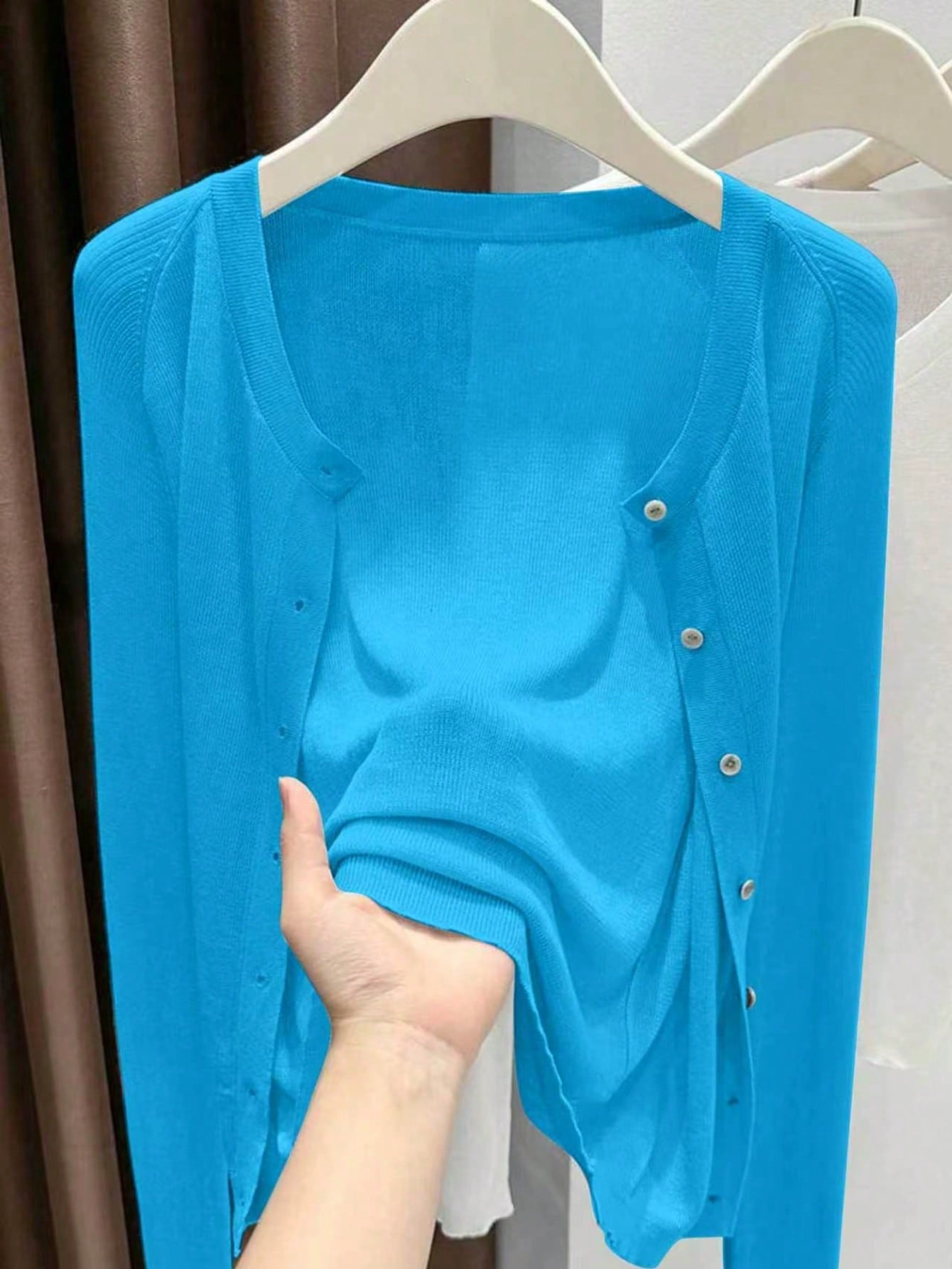 Spring Summer Women's Knit Cardigan Solid Color Round Neck Long Sleeve Lightweight Semi-Transparent Lyocell Tencel Cardigan