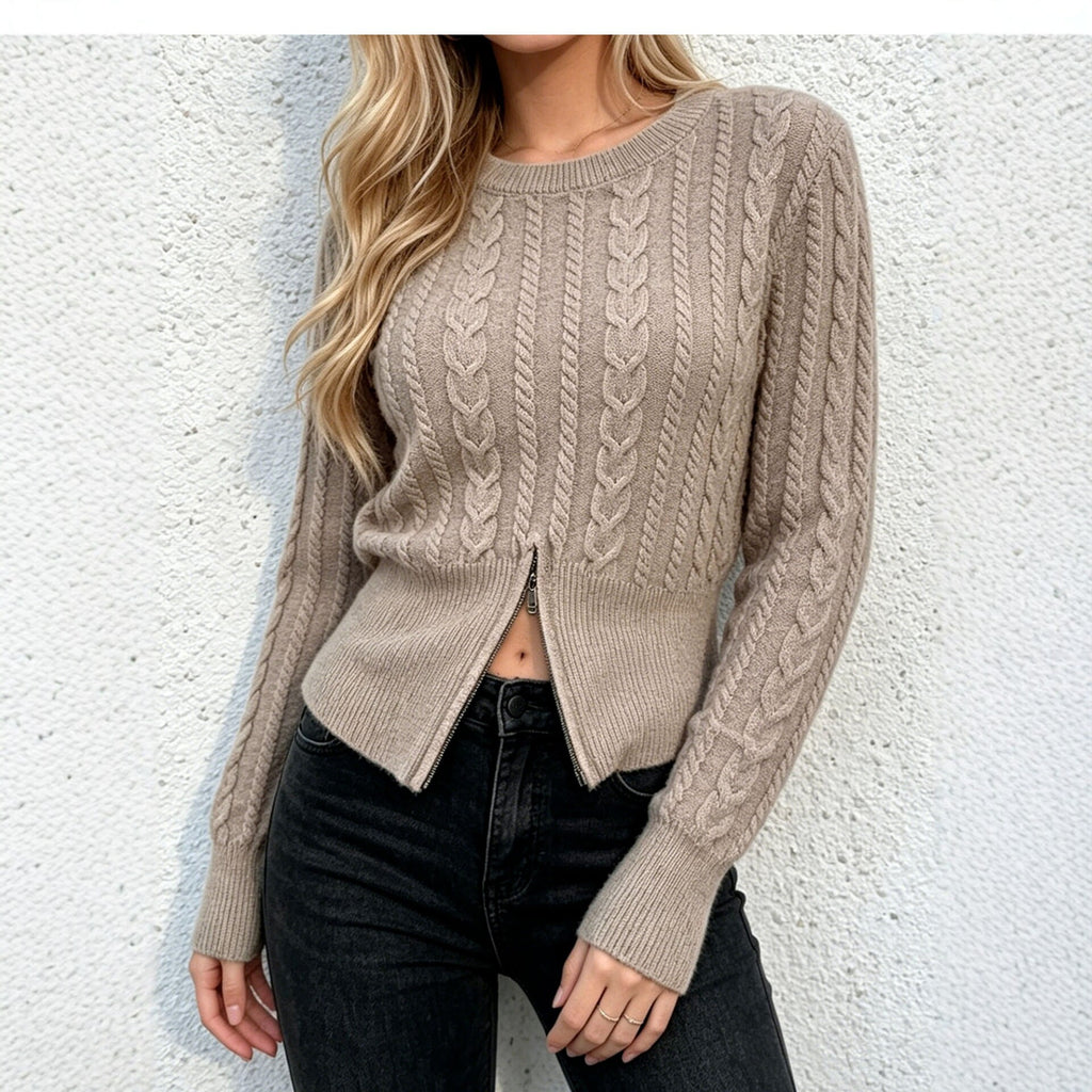 Women’s Soft Cable Knit Round Neck Sweater – Casual Long Sleeve Pullover