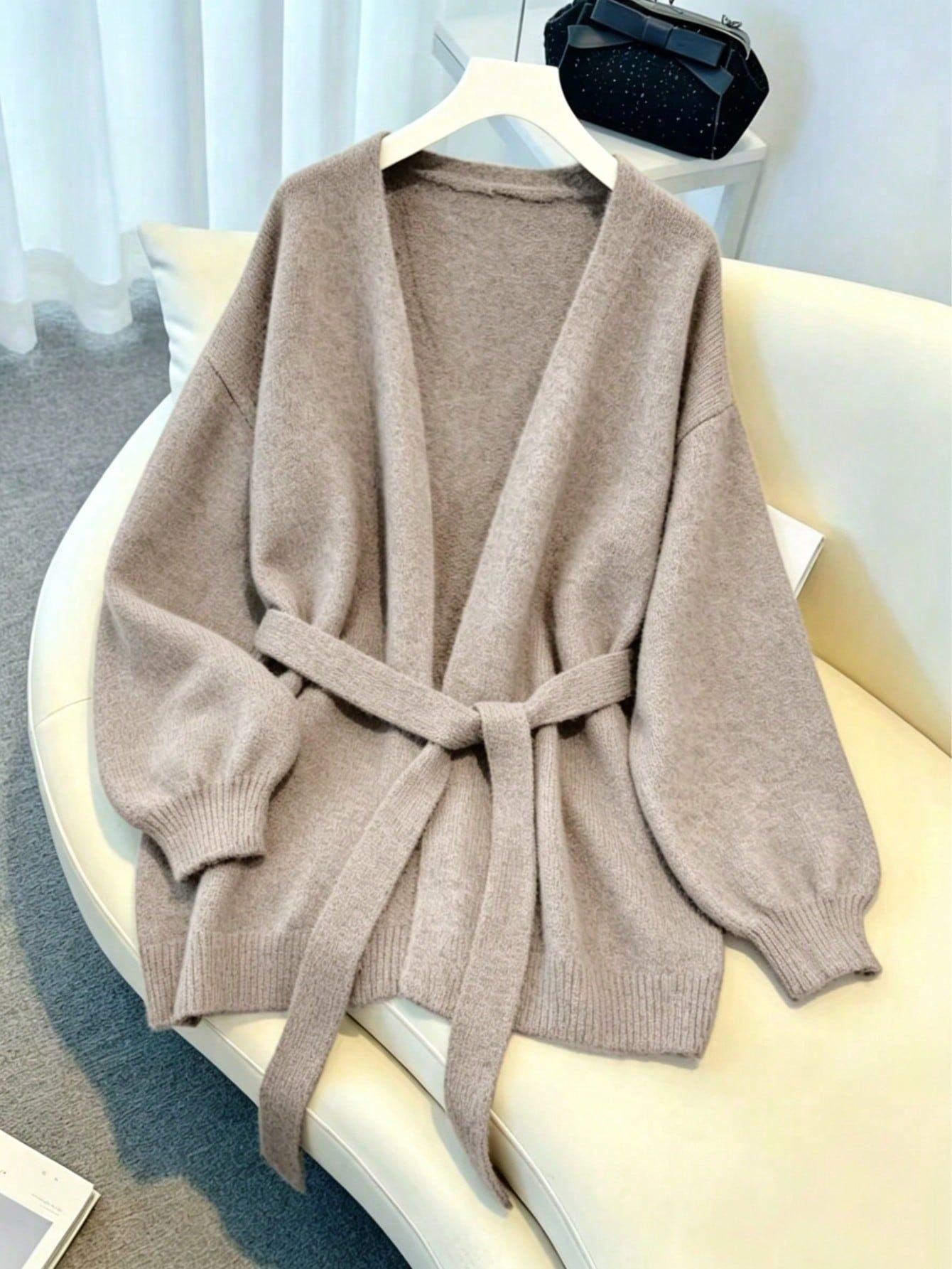 Elegant Casual Knitted Cardigan for Women, Loose Bohemian Style with Waist Tie, Autumn Winter Fashion