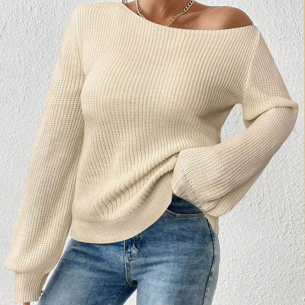 Off-shoulder Knit Sweater for Women, Autumn/Winter New Loose Solid Color Long Sleeve Pullover Slim Fit Top