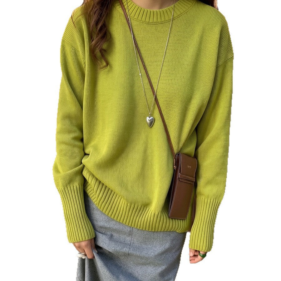 Loose Round Neck Pure Cotton Knit Sweater Solid Color Lazy Style Long Sleeve Pullover