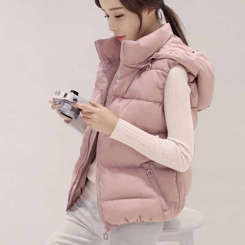 Removable HoodWomen's Short Cotton Vest Slim Fit Down Cotton Sleeveless Jacket Fashion