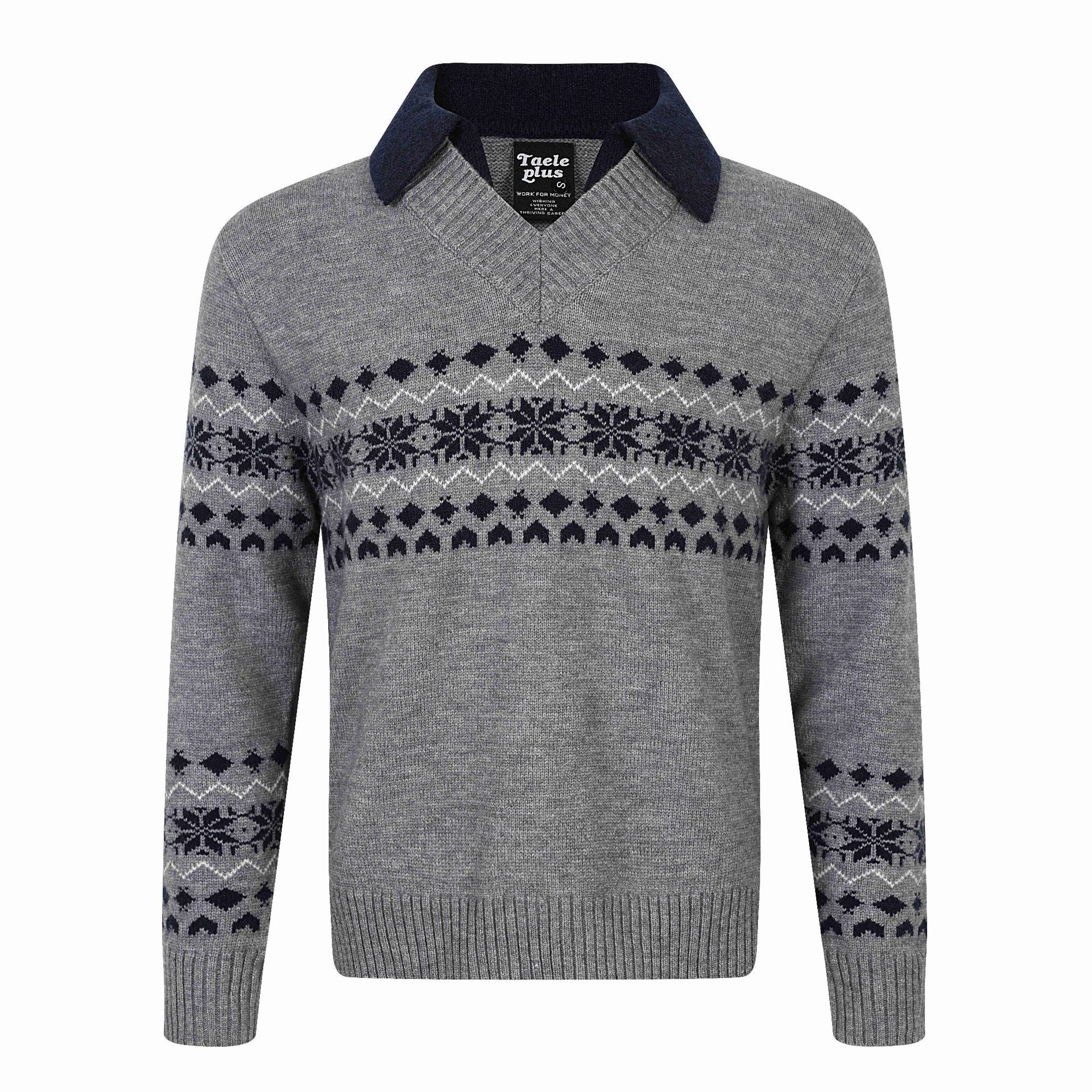 Fair Isle Knit Long Sleeve  Faux Two-Piece  Color-Blocking  Turn-Down Collar  Knit Polo Sweater