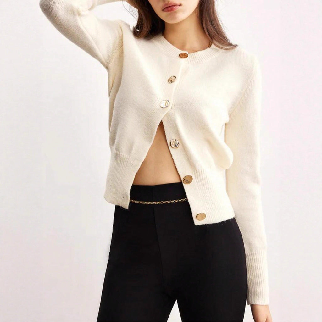 Elegant Casual Knitted Cardigan Fashion Commute Solid Color Simple Round Neck Sweater Outerwear