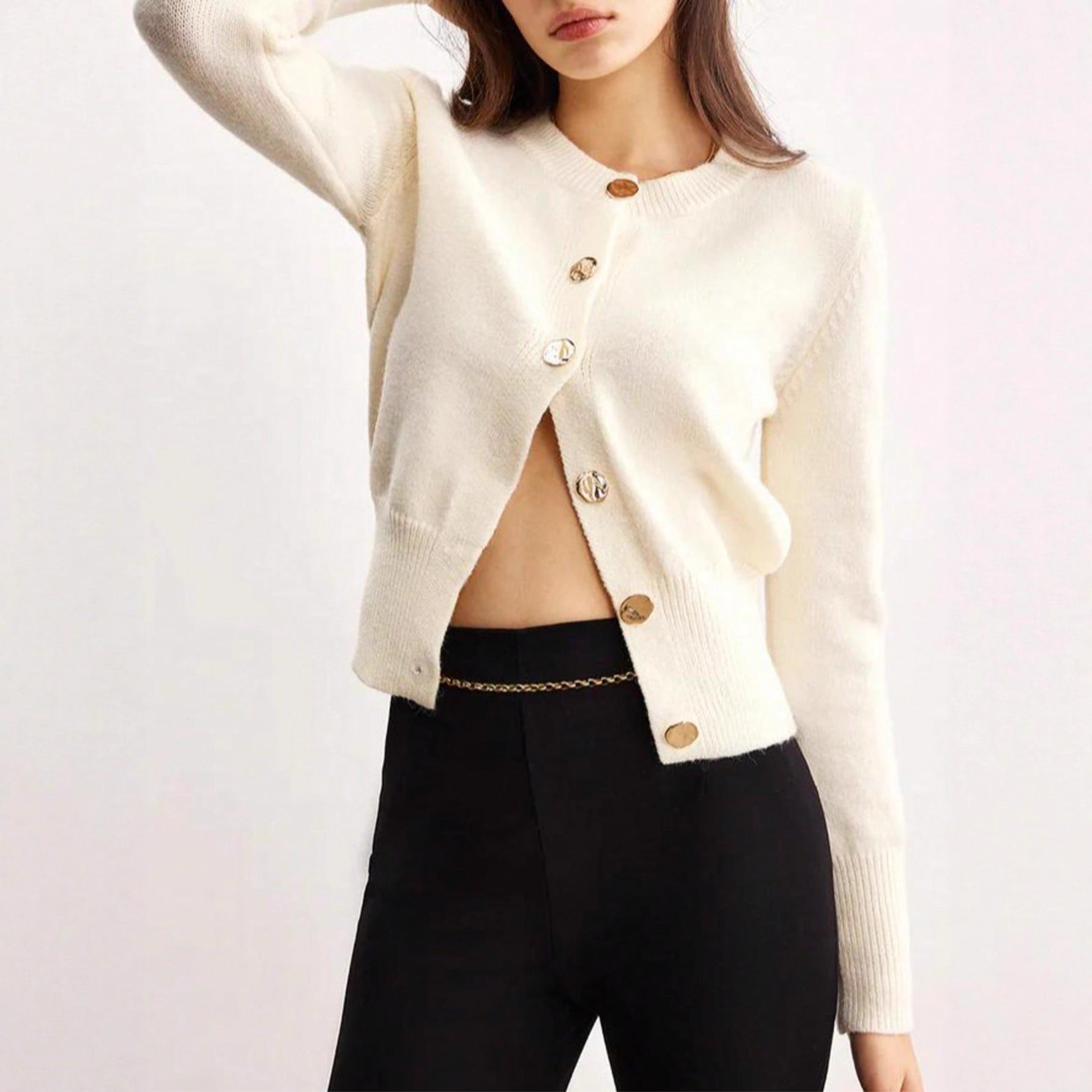 Elegant Casual Knitted Cardigan Fashion Commute Solid Color Simple Round Neck Sweater Outerwear