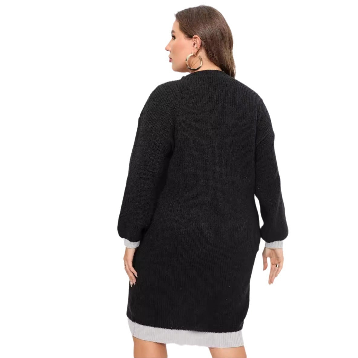 Ladies' Knitted Dress, Plus Size, Woven Knit, V-Neck, Color-block Splicing, Bodycon Silhouette, Sweater Dress