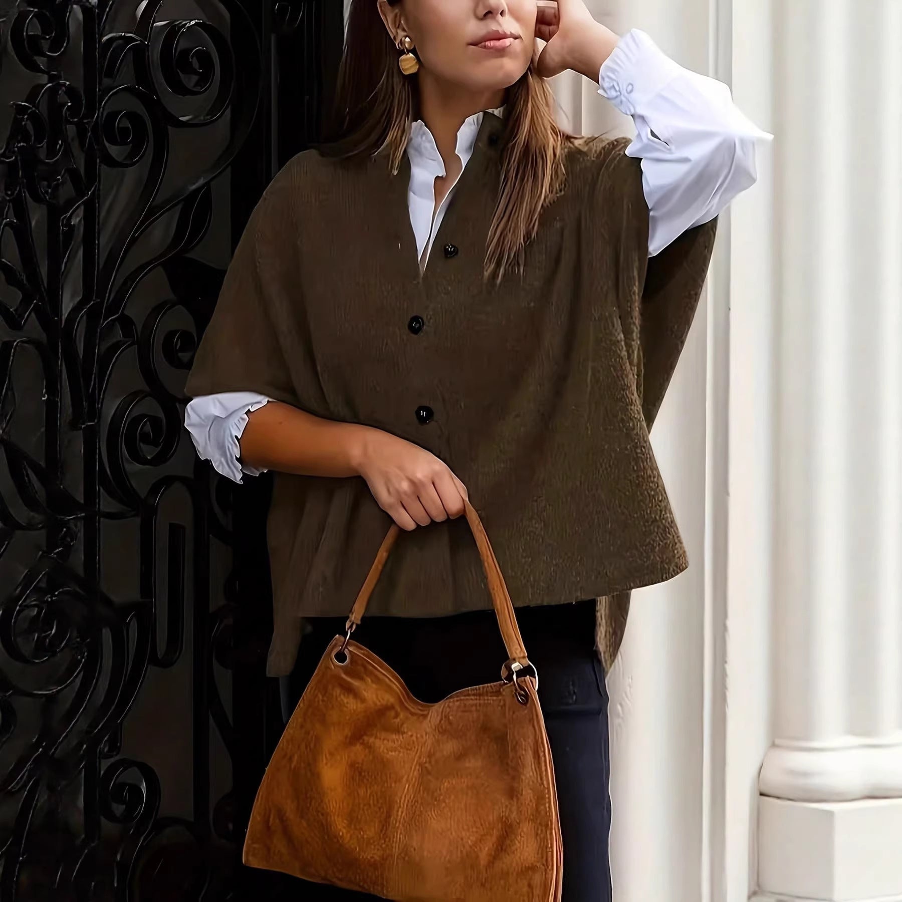 Elegant Casual Knitted Cardigan for Women, Solid Color Round Neck Short Sleeve Single Breasted Cardigan