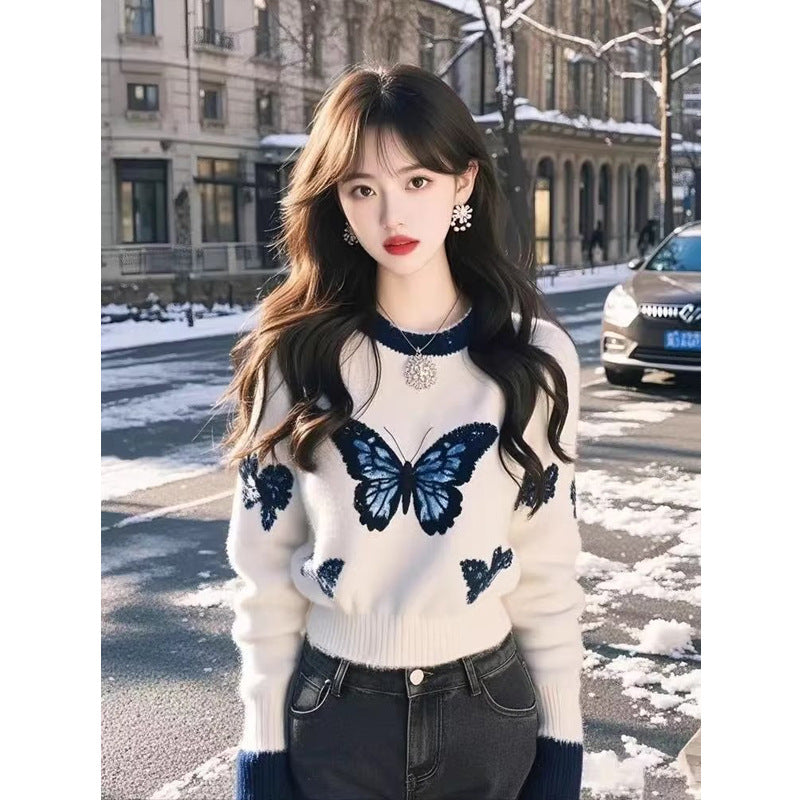 White Butterfly Print Knit Sweater for Women, Fashion Design, Unique and Stylish Top
