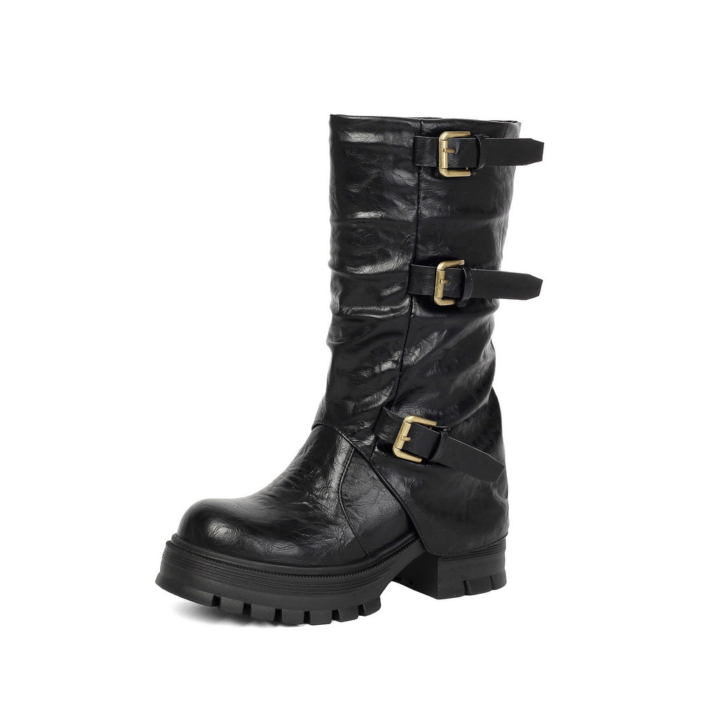 Thick Heel High Heel Women's Short Boots with Belt Buckle Slip-On Tube Boots