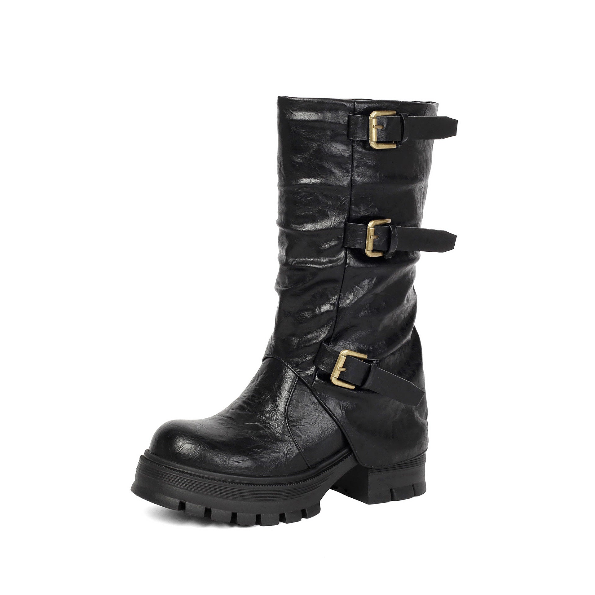 Thick Heel High Heel Women's Short Boots with Belt Buckle Slip-On Tube Boots