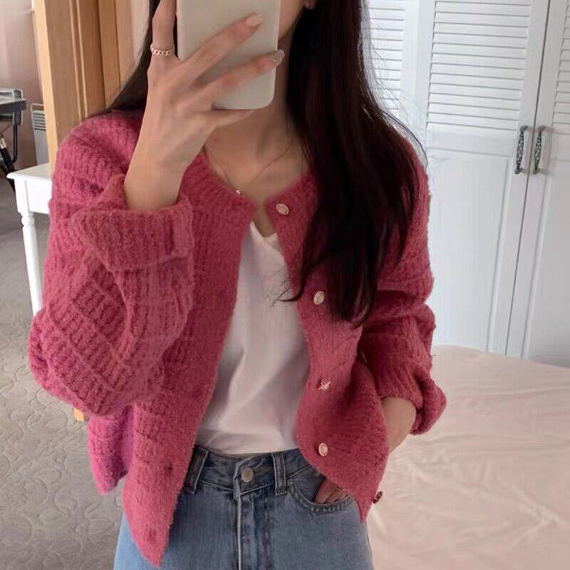 Cute Youthful Knit Cardigan for Women, Spring and Autumn Basic Sweater, Short Single-Button Coat Top