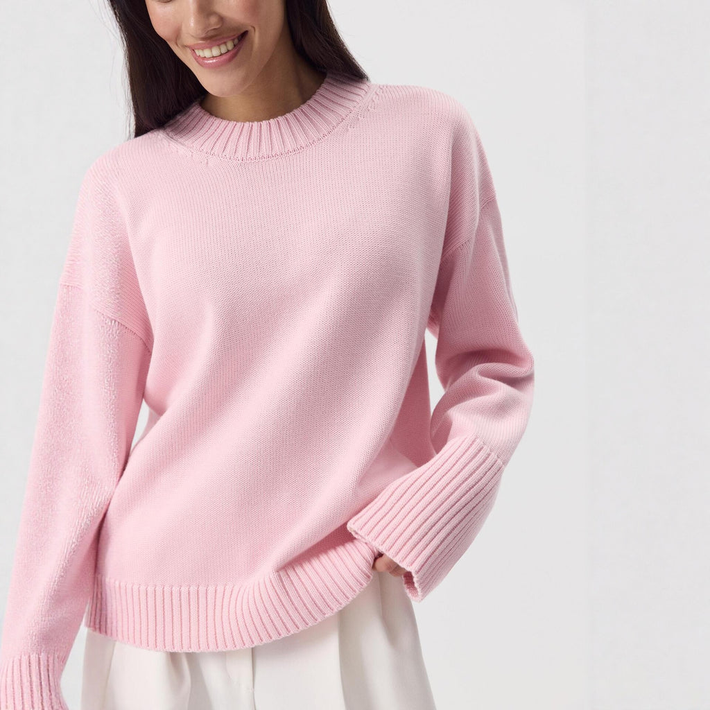 Loose Round Neck Pure Cotton Knit Sweater Solid Color Lazy Style Long Sleeve Pullover