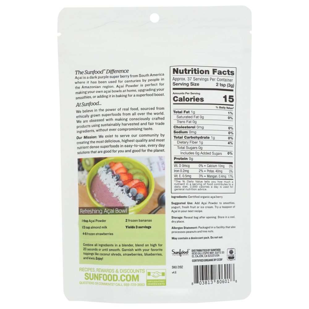 SUNFOOD SUPERFOODS: Acai Powder Organic, 4 oz